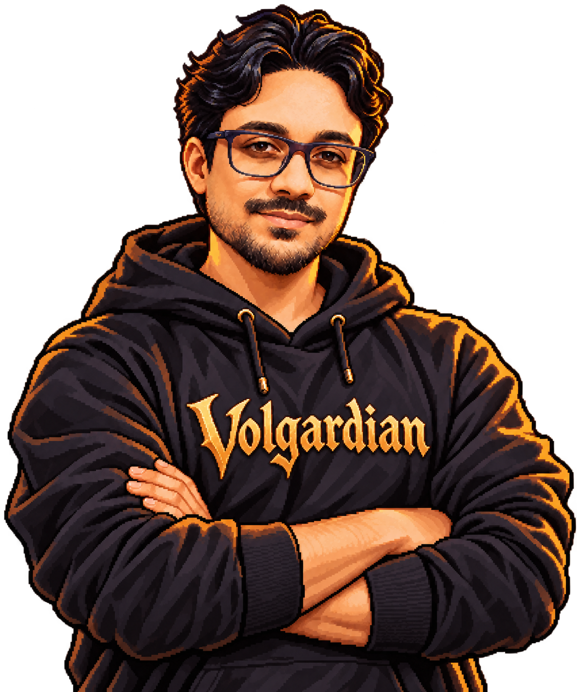 Leonardo em pixel art, sorrindo, de óculos e com os braços cruzados, usando um moletom Volgardian